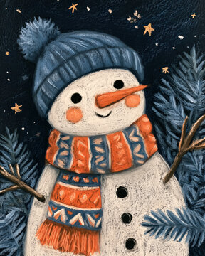 Chalk art style cute winter scene with snowman smiling
