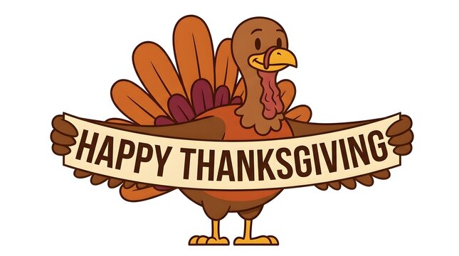 A delightful cartoon illustration of a turkey proudly displaying a 'happy thanksgiving' banner perfect for seasonal celebrations