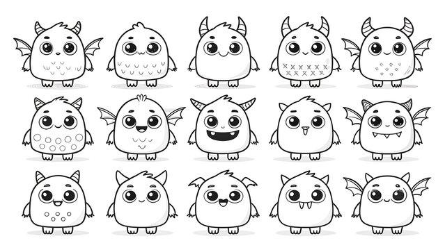 Collection of fifteen unique cute monster characters in a simple line art style