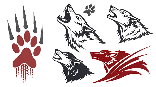 Collection of stylized wolf head illustrations and a claw mark on white background
