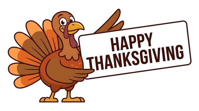 A charming cartoon turkey cheerfully presents a 'happy thanksgiving' banner embodying the spirit of gratitude and festive celebration
