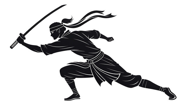 Black silhouette of a samurai warrior in a dynamic sword fighting stance