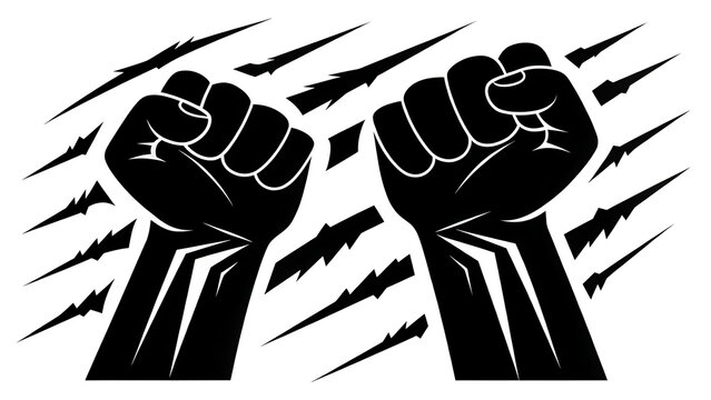 Black silhouette of two raised fists in a protest gesture on white background
