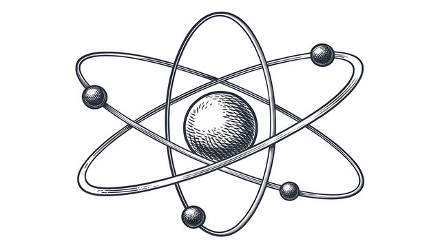 Hand drawn ink illustration of an atom structure with orbiting electrons