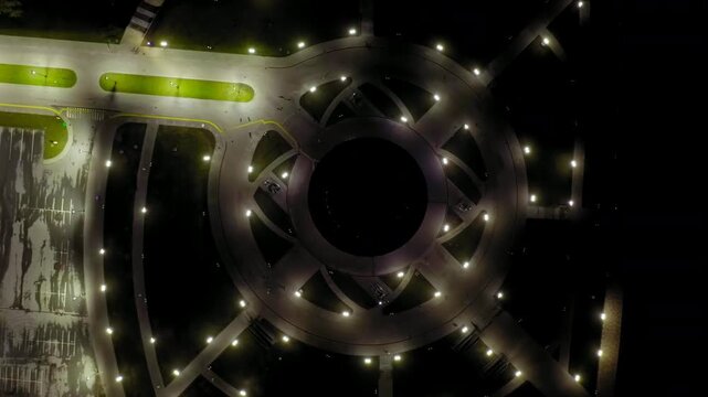 Kazan, Russia. Drone footage of the Kazan Family Center (Wedding Palace) and the Kremlin. Night time. Drone footage, HEAD OVER SHOT