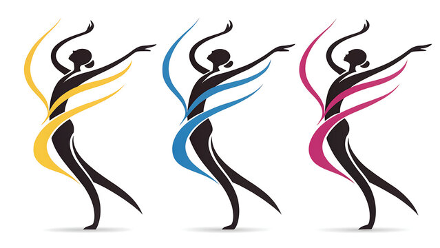 Three minimalist vector illustrations of dancing women with colorful ribbons