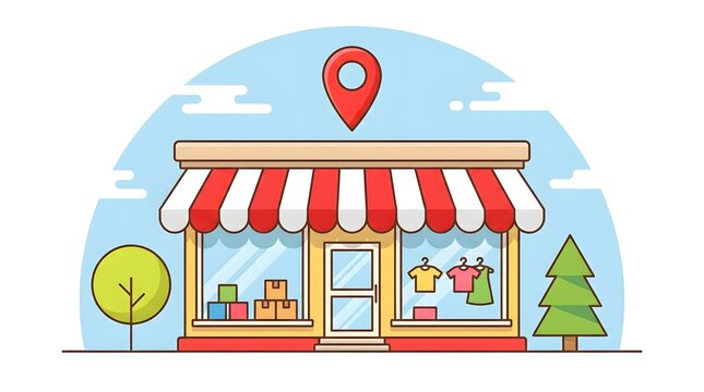 Small retail storefront building with a red location pin icon in a flat vector style