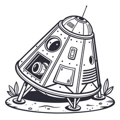 A black and white line of a space capsule or lunar lander resting on a surface, with a camera lens visible, isolated © Abu