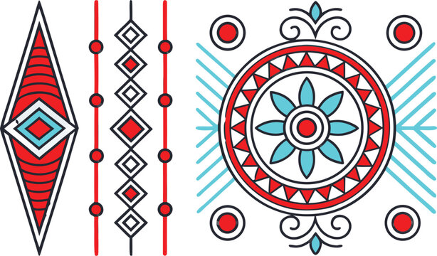 Decorative tribal with red and blue diamond patterns, vertical line dividers, and a central circular mandala on white background