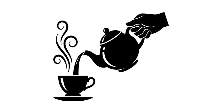 Hand pouring hot tea from a teapot into a cup isolated on a white background