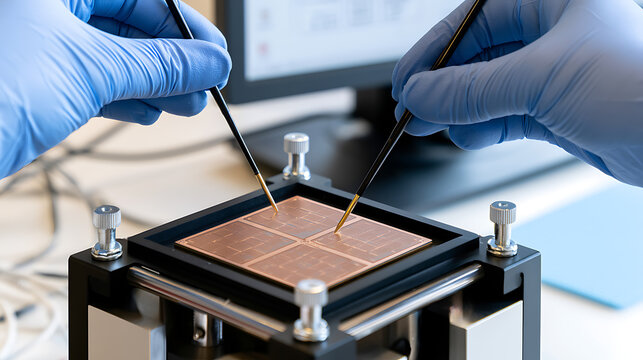 Scientist hands in blue gloves examine electronic microchip wafer with precision probes inside clean laboratory facility for high technology