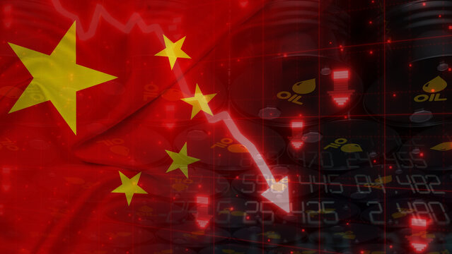 China's petroleum market recession, strategic oil price decline, commodity investment crash, and the energy financial sector are dropping sharply. The waving China flag and black oil barrels 