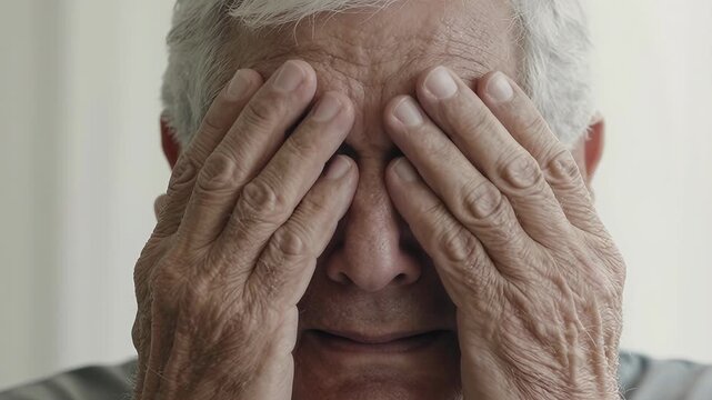 Elderly Man Expresses Emotion by Covering Face with Hands