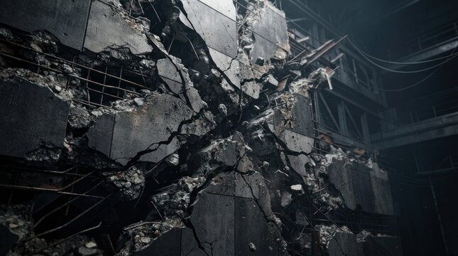 Dramatic View of a Massive Crumbled Concrete Wall Structure.