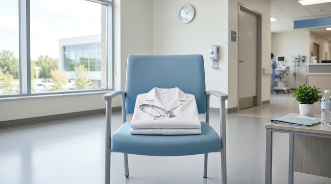 Folded white lab coat on chair in hospital.