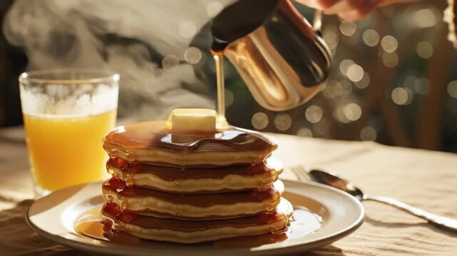 Golden pancakes stacked high, topped with melting butter and rich syrup, served with a glass of orange juice. Steamy morning breakfast.