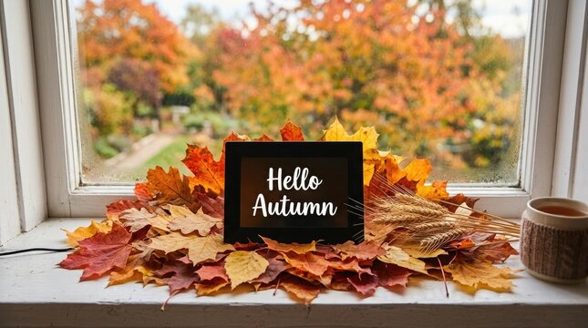 Cozy autumn still life with hello autumn sign and colorful fall leaves