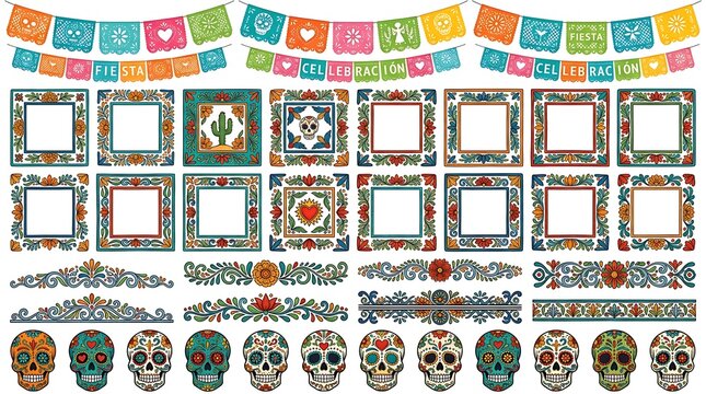 Dia de los muertos decorative elements set with sugar skulls, floral frames and papel picado banners