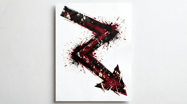 Zigzag arrow symbol with aggressive dark red and black paint splatter texture created in a bold artistic style isolated on a clean plain white background