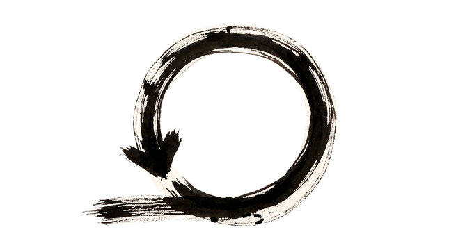 Brush stroke circle shaped like an arrow symbol created with black ink texture using a traditional calligraphy style on a clean plain white background