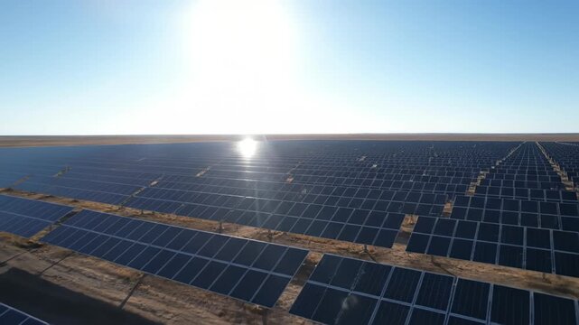 Aerial view of a sprawling solar farm under a clear sky with the sun shining brightly.