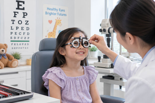 Pediatric Eye Exam with Optometrist Testing Child Vision in Clinic