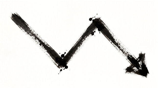 Black ink arrow symbol shaped as a descending zigzag line drawn with artistic brush strokes and dark paint splatters isolated on plain white background