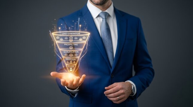 Businessman holding a glowing digital sales funnel representing the stages of lead generation, prospecting, qualification, proposal, and closing