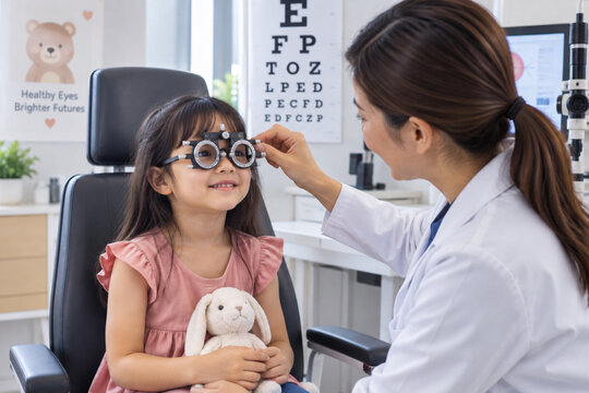 Child Eye Examination with Optometrist and Trial Frame in Pediatric Clinic