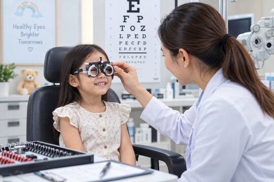 Friendly Pediatric Optometrist Checking Young Girl&rsquo;s Eyes in Clinic