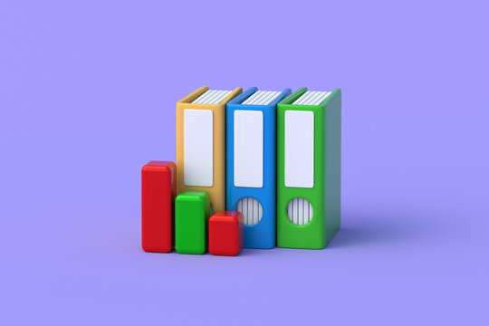 Decline in financial indicators. Drop in sales. Slowdown in business activity. Deterioration in performance. Corporate loss report. Office binders beside decreasing bar chart. 3d render