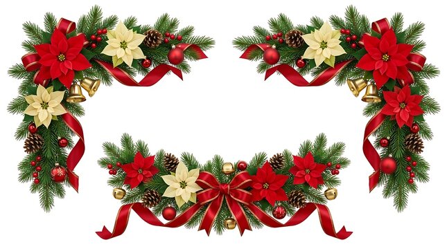 Christmas festive floral swags and corner decorations with poinsettias, pine cones, and red ribbons
