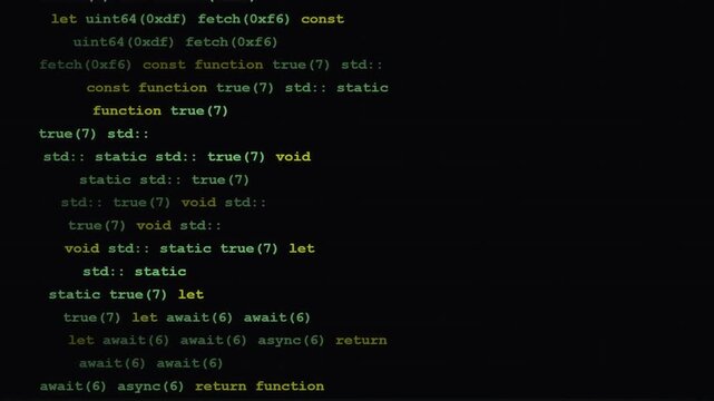 Green scrolling computer programming code on a dark background