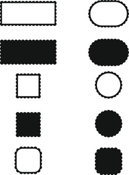 Various scalloped edge shapes including rectangles, squares, circles, and ovals in both outline and solid black fill styles for decorative design elements
