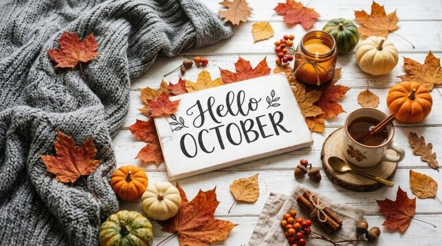 Autumn flat lay with pumpkins leaves and a hello october greeting card