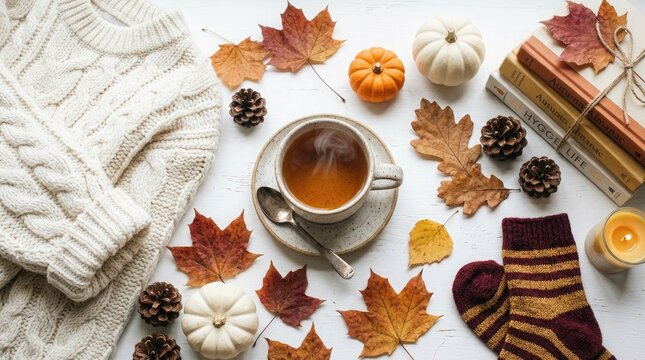 Cozy autumn flat lay with warm drink leaves pumpkins and knitted textures