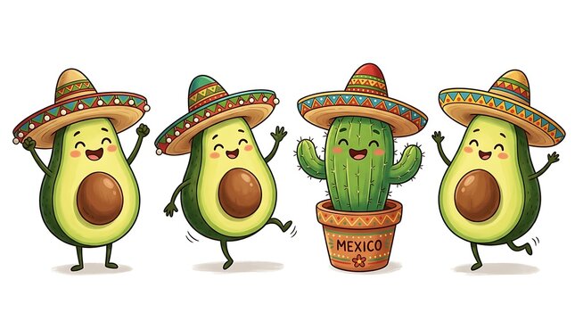 Cute cartoon avocados and cactus wearing sombreros isolated on white background
