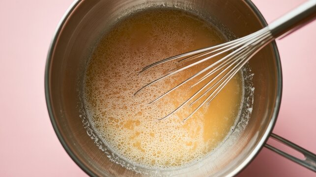 Whisked eggs in bowl, pink background, overhead view, banner space