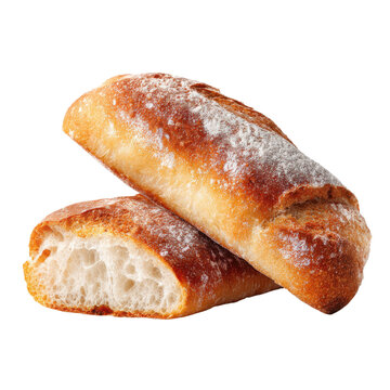 Rustic bread loaves with flour-dusted crust, fresh baked artisan baguette rolls, homemade bakery food concept isolated PNG with Transparent Background