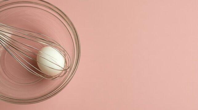 Whisked eggs in bowl, pink background, overhead view, banner space
