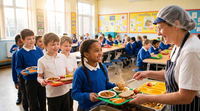 School children standing in a cafeteria lunch line waiting to be served by friendly staff
