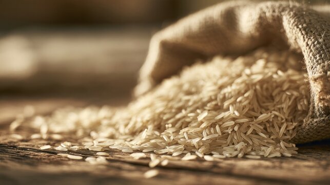 Grains of uncooked rice in burlap sack, on wood surface.