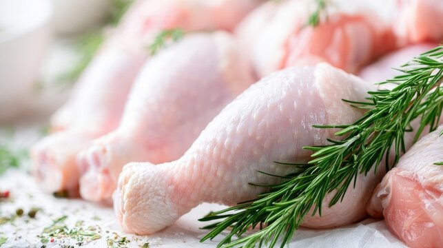 Chicken pieces with herbs and spices, uncooked, on a white surface