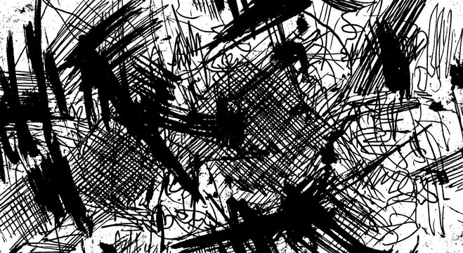 Chaotic Black and White Scribble Texture with Expressive Hand Drawn Crosshatch Ink Lines and Grunge Pattern Background