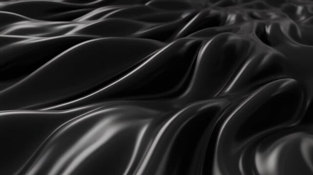 Abstract black liquid wave motion background, smooth dark flowing silk surface, 3 d luxury texture