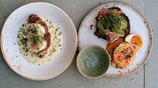 Fresh croissant & toast with poached & boiled eggs, avocado, prosciutto on cement surface