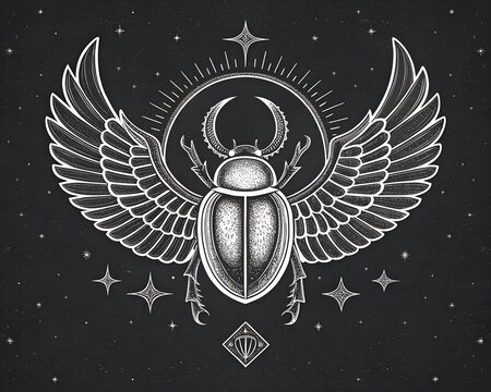Symmetrical emblem of a scarab beetle with outstretched, detailed wings