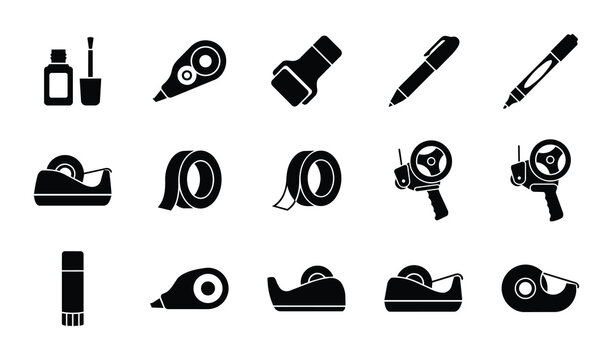 Stationery Icons Set: Adhesive Tape, Pens, Correction Fluid, Glue Stick, Nail Polish Vector Graphics