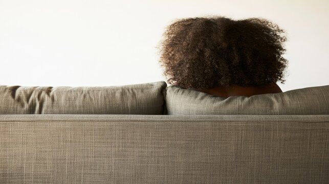 Woman's back seen from behind, seated on gray sofa, plain white backdrop.