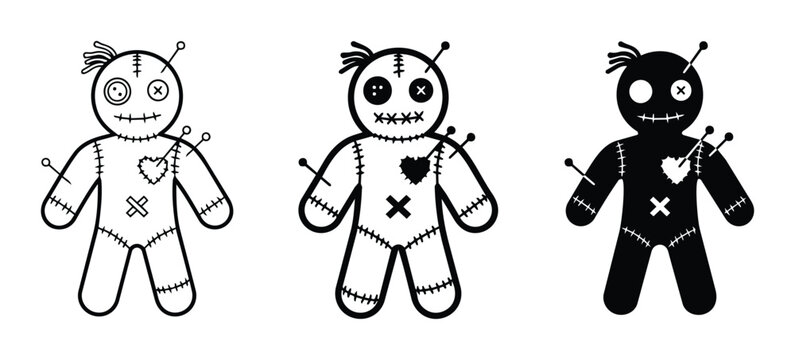 Voodoo Doll Icons, Black and White, Set of 3, Halloween, Spooky, Magic, Ritual